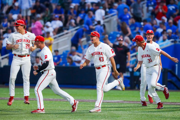 The Indiana bench celebrates after Phillip Glasser's catch in the ninth inning sealed the win as the Hoosiers defeated Kentucky 5-3 Saturday night in the 2023 NCAA Regional at Kentucky Proud Park in Lexington. June 3, 2023.